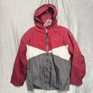 BIKE Jacket Youth M 10/12 Red Gray White Hooded‎ Windbreaker Nylon Zip 90s VTG